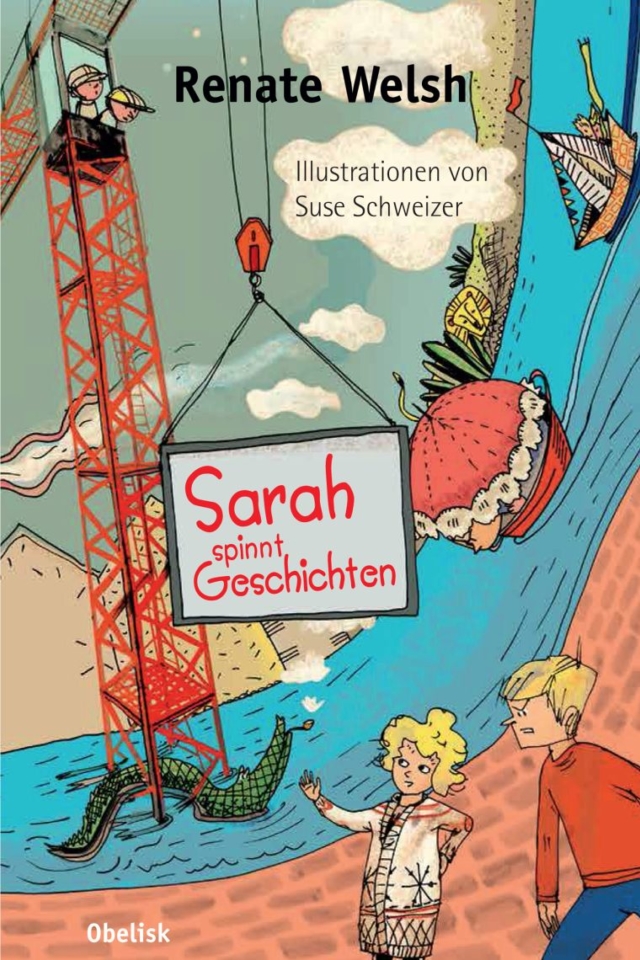 Buchcover Zeichnungen Kran mit Booten, Krokodil und Kindern