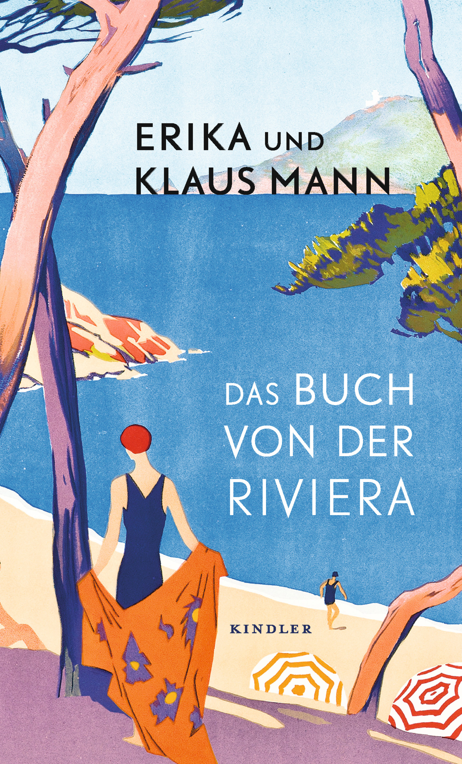 Buchcover - Grafische Illustration: Eine elegante junge Frau steht auf einer Küstenstrasse mit einem herrlichen Blick auf Meer, Strand und einem Mann, der gerade schwimmen geht. Die Mode entspricht den 1920er Jahren.