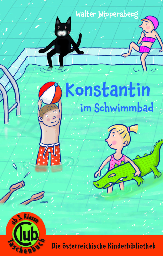Buchcover- Konstantin im Schwimmbad Zeichung Swimmingpool mit Kindern und Katze