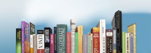 Logo von bookshare: Logo stellt ein Regal mit unterschiedlichen Büchern da