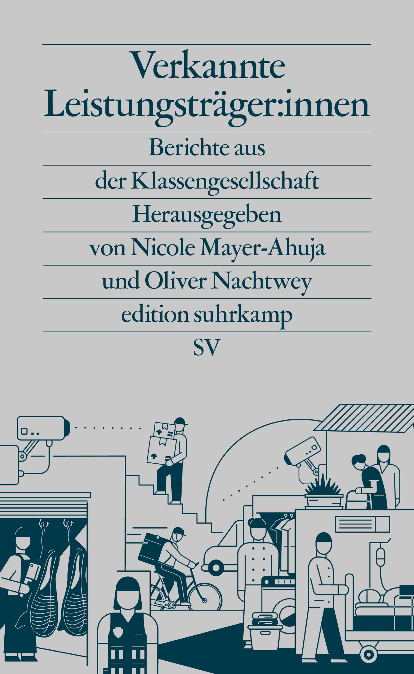 Buchcover - symbolische Darstellung von diversen Berufen wie Bote, Krankenpfleger etc.