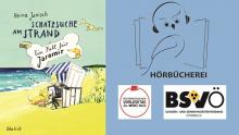 Cover des Buches „Schatzsuche am Strand“ von Heinz Janisch kombiniert mit Logos der Hörbücherei Wien, BSVÖ und Vorlesetag